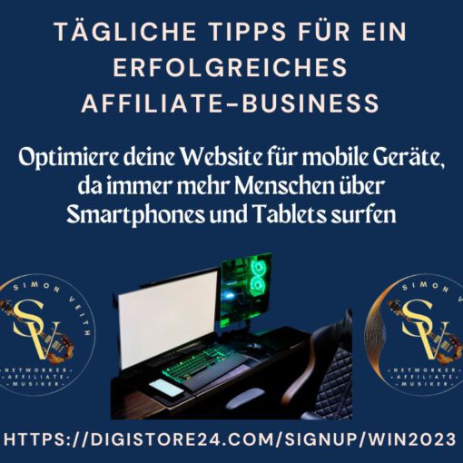 Ein informatives Bild, das tägliche Tipps für ein erfolgreiches Affiliate-Business bietet, mit einem grünen Arbeitsplatz und einem Logo von Simon Veith , einem Networker und Affiliate-Marketer.