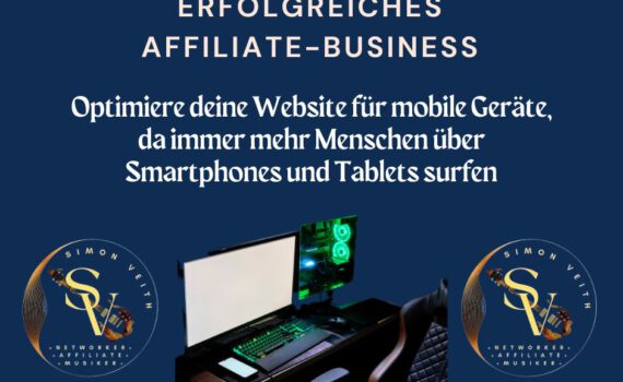 Ein informatives Bild, das tägliche Tipps für ein erfolgreiches Affiliate-Business bietet, mit einem grünen Arbeitsplatz und einem Logo von Simon Veith , einem Networker und Affiliate-Marketer.